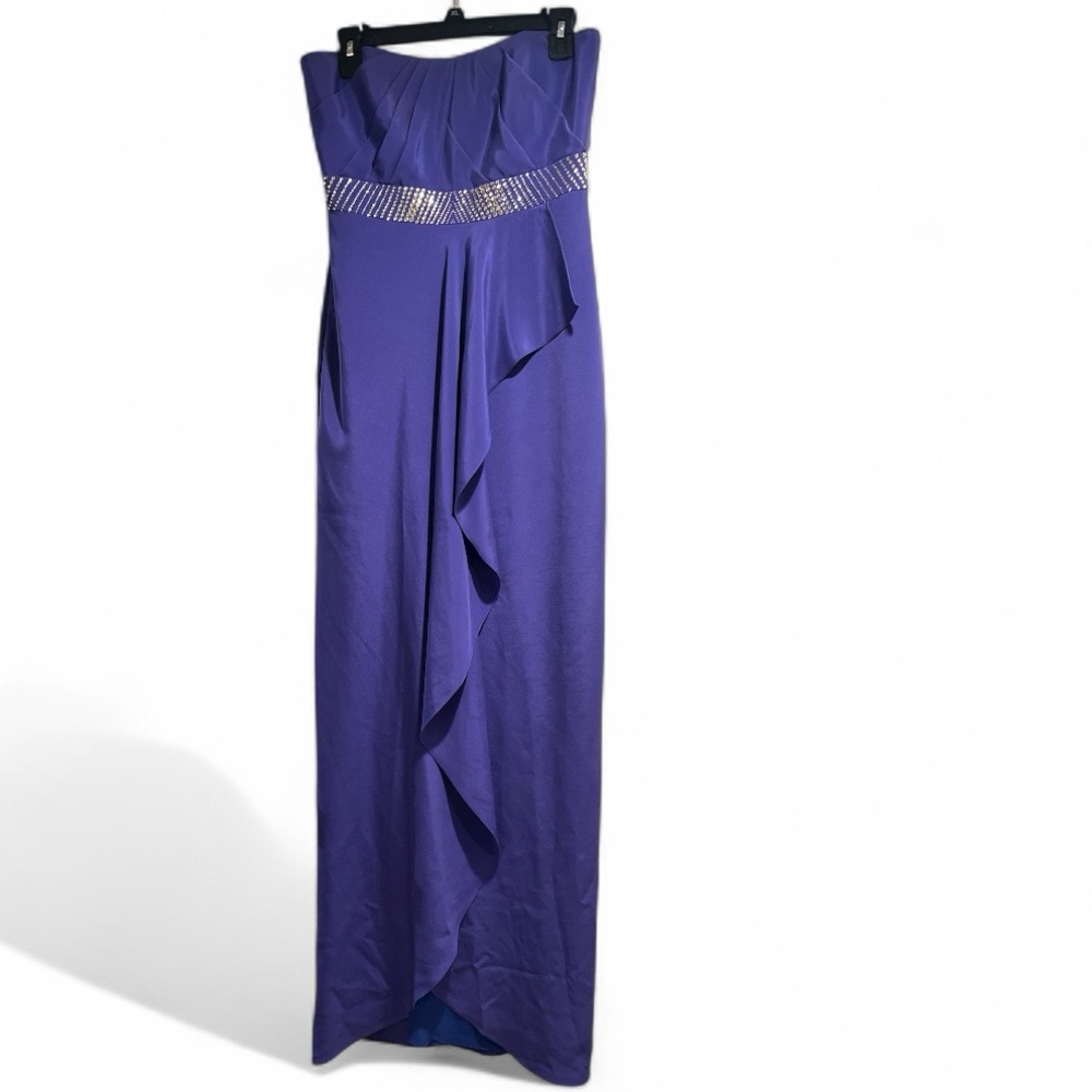 Nicole Miller Silk Strapless Purple Gown with Beaded Waistband and Front Draping
